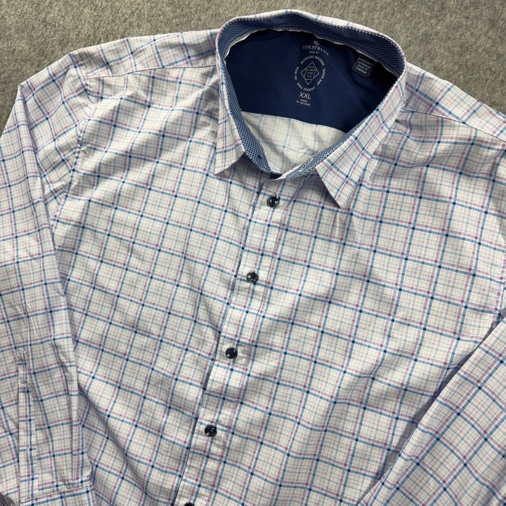 Con.Struct Mens Button Down Shirt XXL Slim Fit Plaid  Performance Stretch Blue